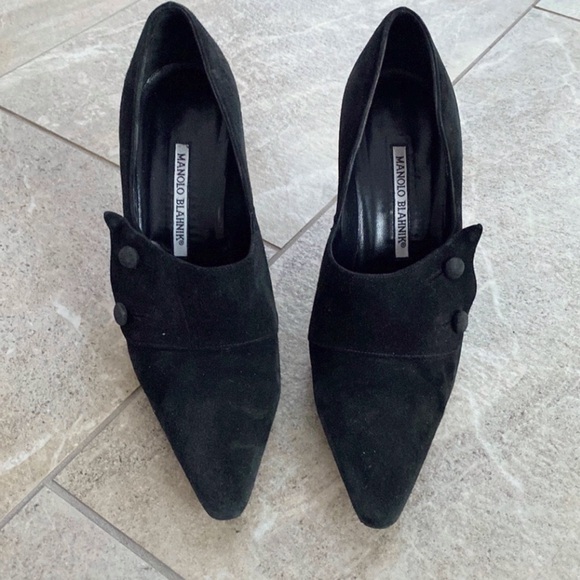 Manolo Blahnik Shoes - Manolo Blahnik Black Suede Pointed Toe Leather Heels With Button Detail Size 7.5